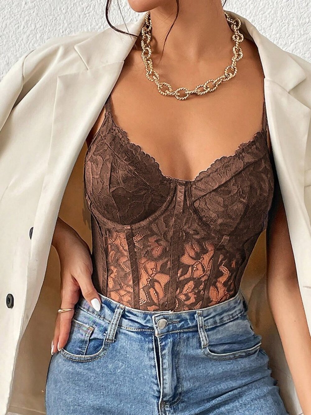 Coffee Brown Sexy French-Style Women's Bodysuit with Lace Patchwork Mesh